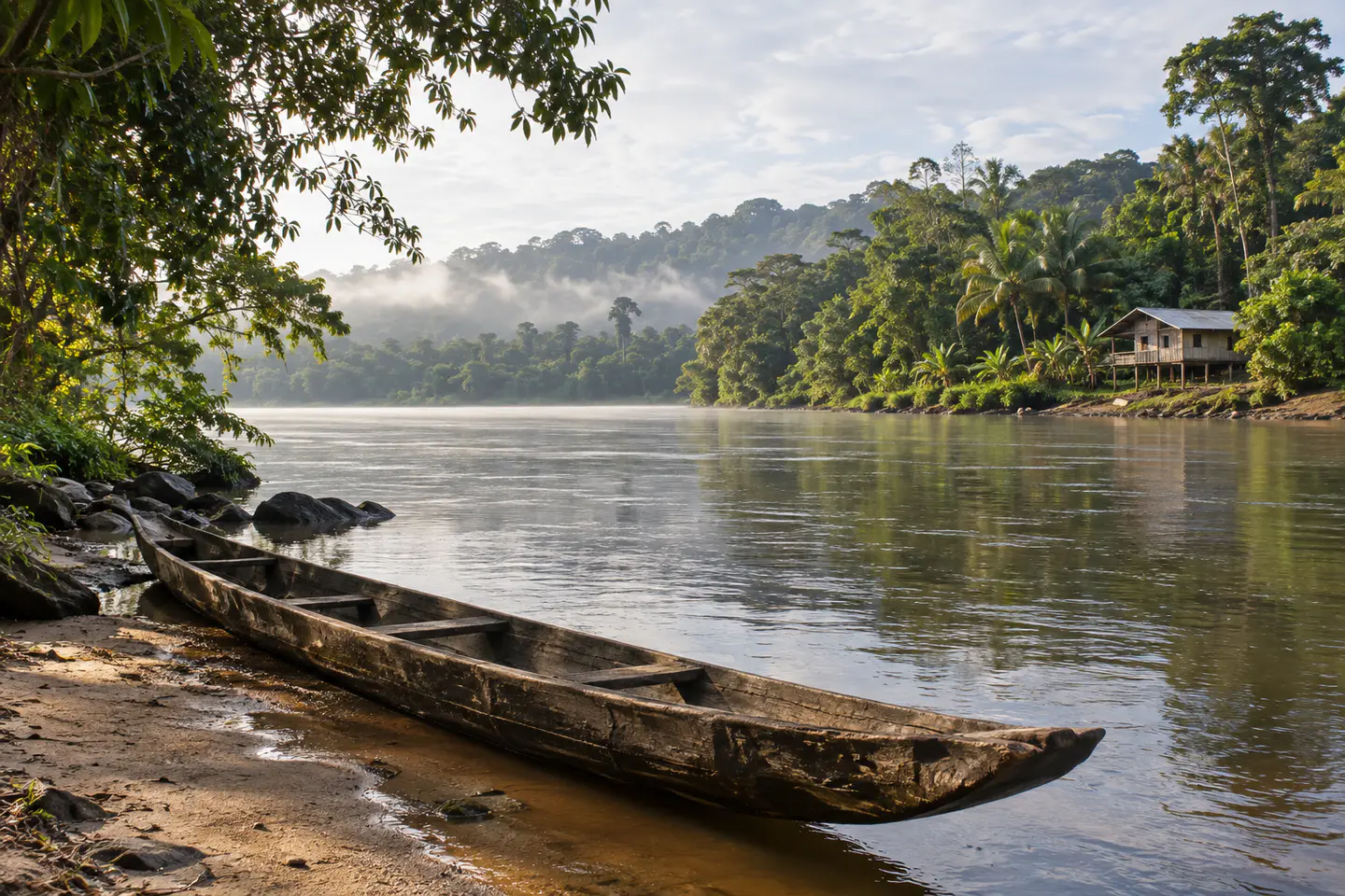 Illustration générée d’une pirogue sur le Maroni, Guyane